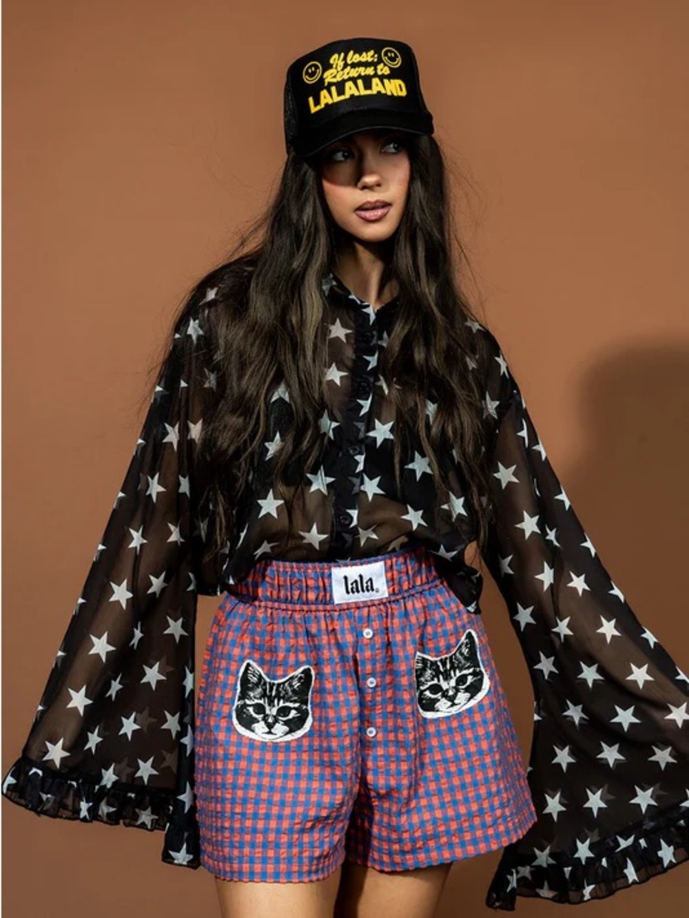 Dressed in LALA Starry Eyed and Sleep Deprived Cropped Chiffon Button Up